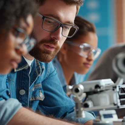 Vier Personen arbeiten am Mikroskop